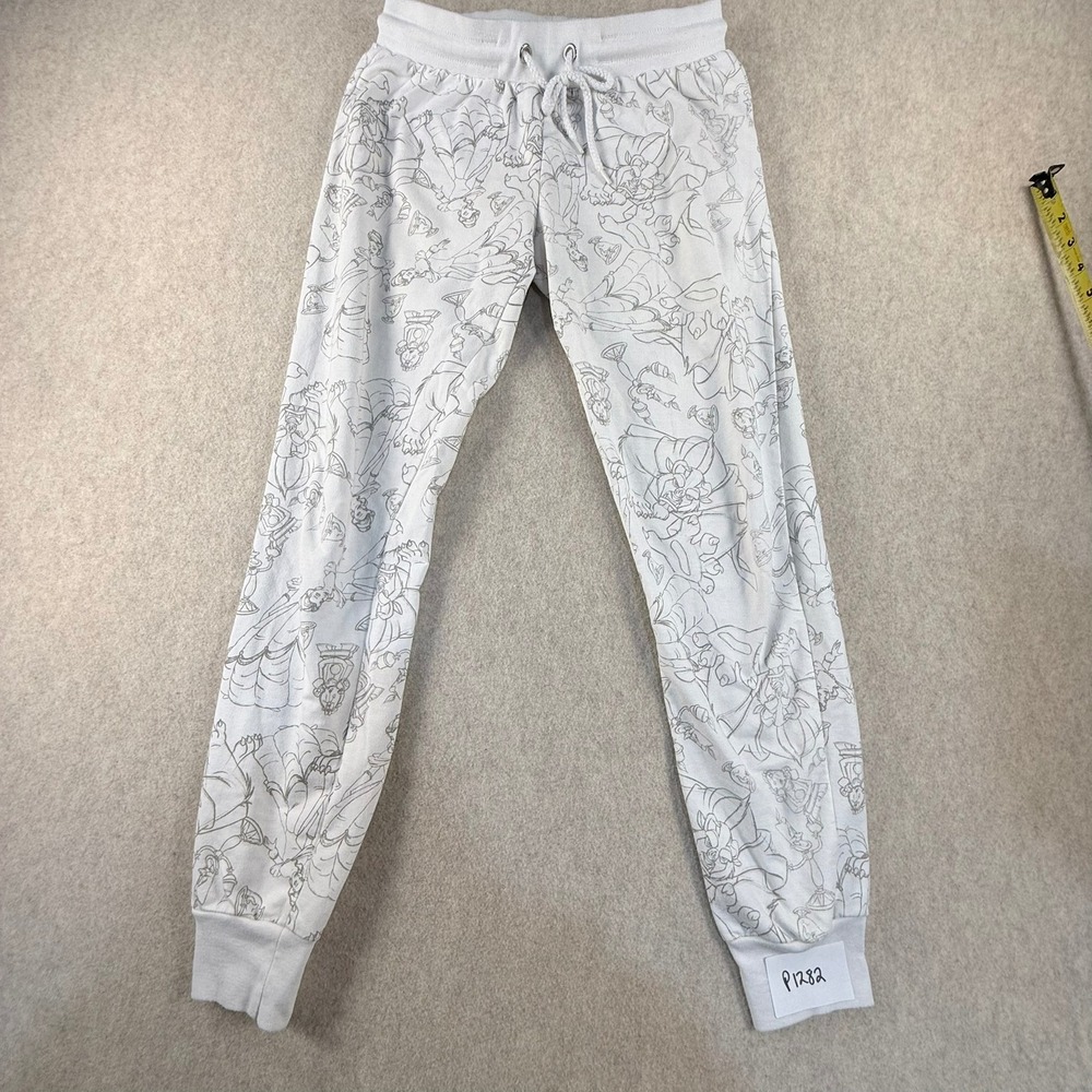 Disney Beauty and the Beast Sketch Print Jogger Pants White Grey Small